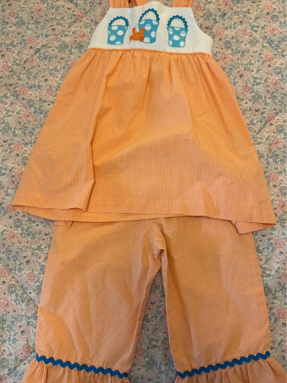 Kelly kids Orange Gingham Matching Set with Blue Appliqué